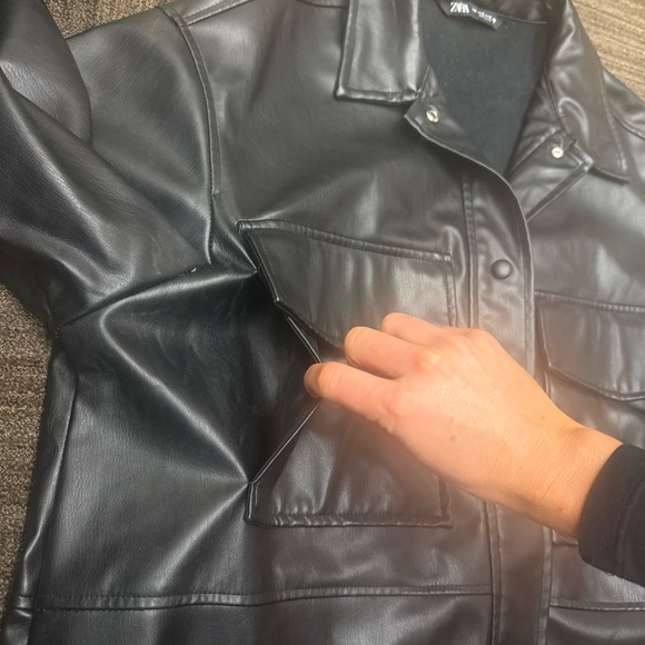 Zara Black Leather Jacket Oversized Shacket With Front Pockets Collared Buttons - Picture 8 of 14